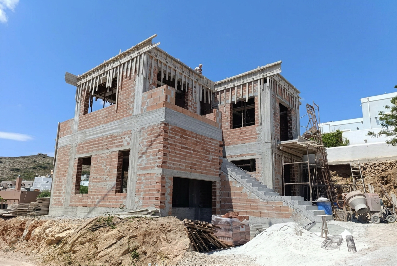 The first walls of Navium Suites frame the Aegean at Azolimnos, Syros, Summer 2026.