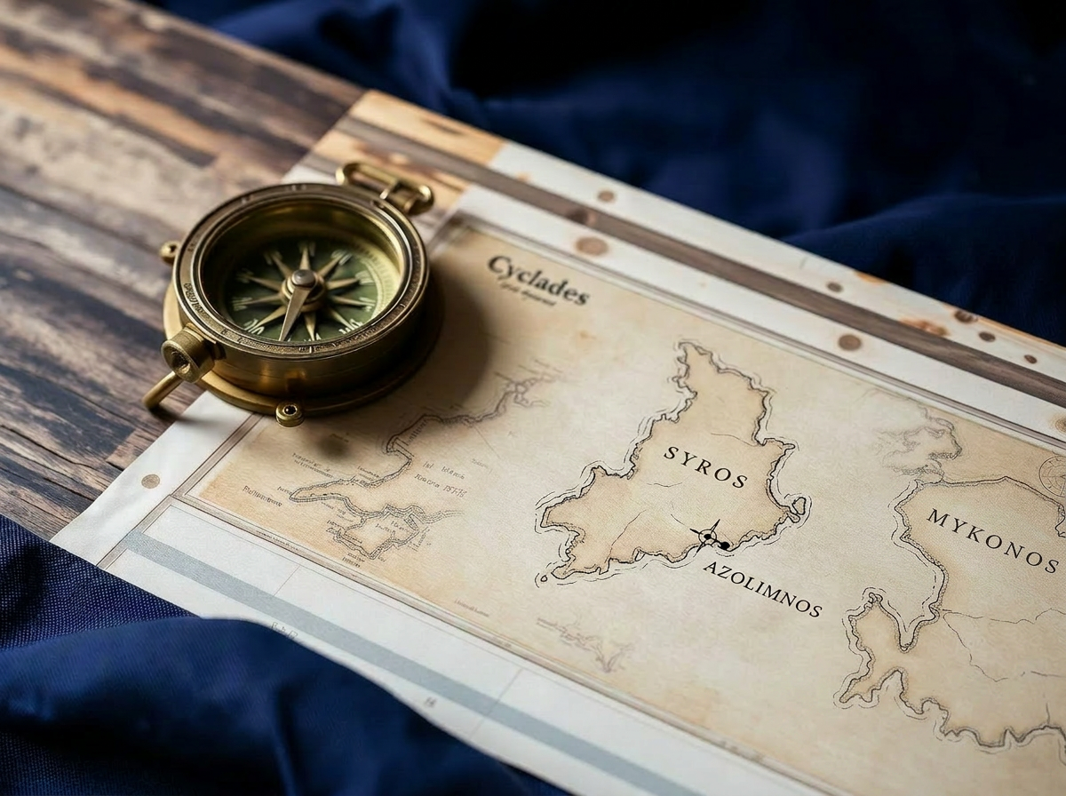 Vintage brass compass and nautical chart of the Cyclades