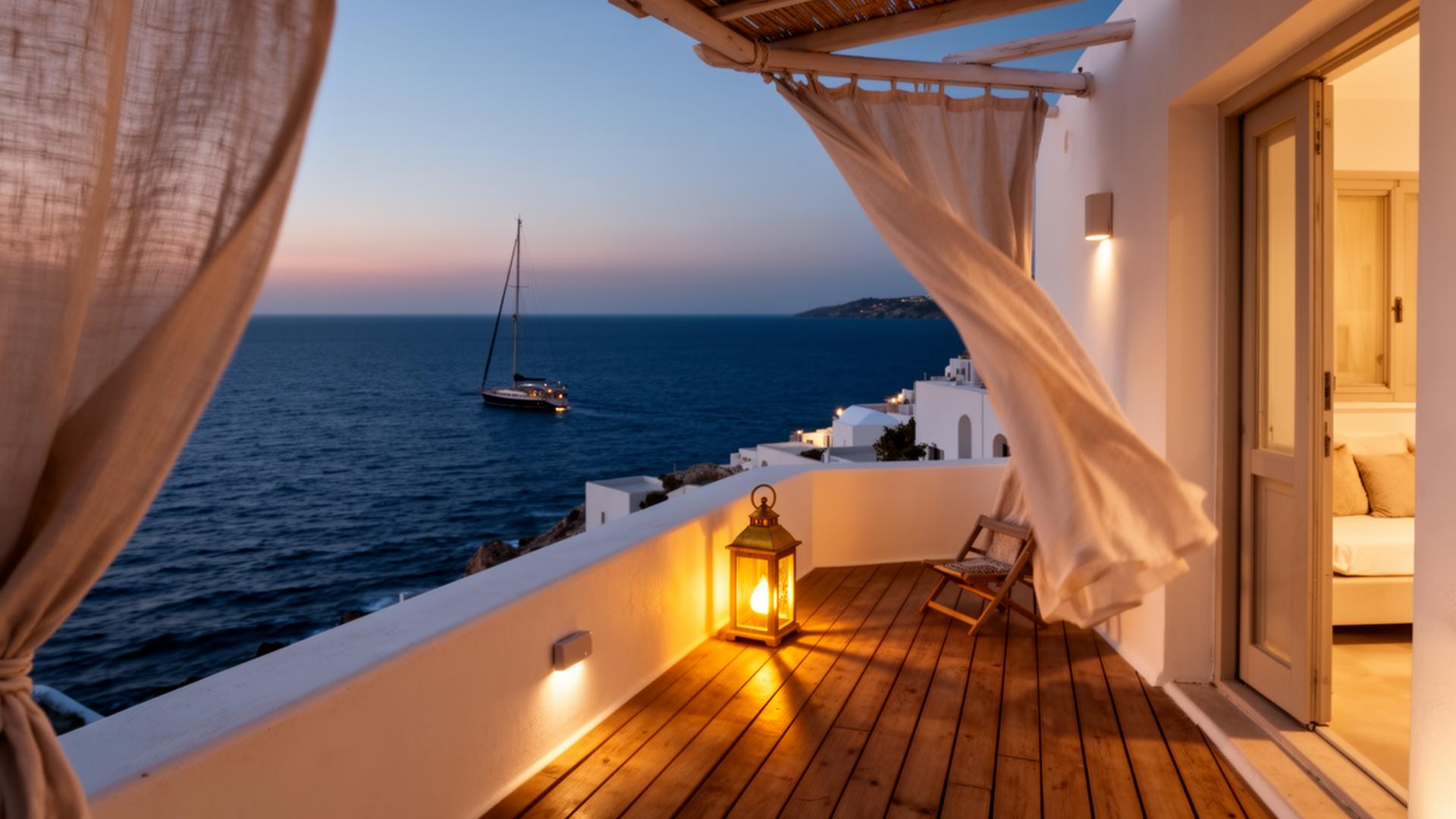 Navium Suites terrace overlooking the Aegean Sea in Azolimnos, Syros